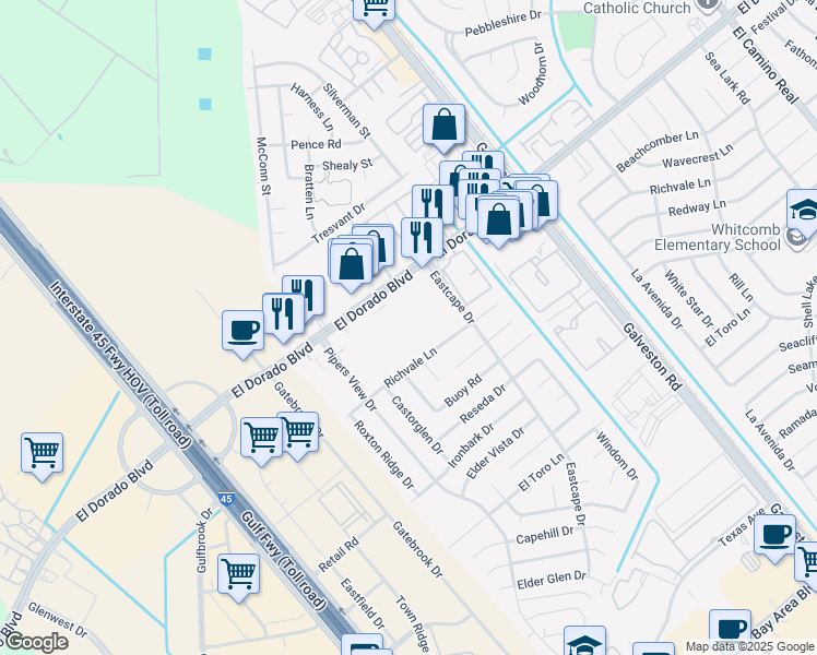 map of restaurants, bars, coffee shops, grocery stores, and more near 260 El Dorado Boulevard in Webster
