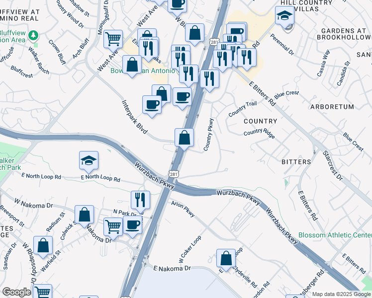 map of restaurants, bars, coffee shops, grocery stores, and more near 12800 San Pedro Avenue in San Antonio