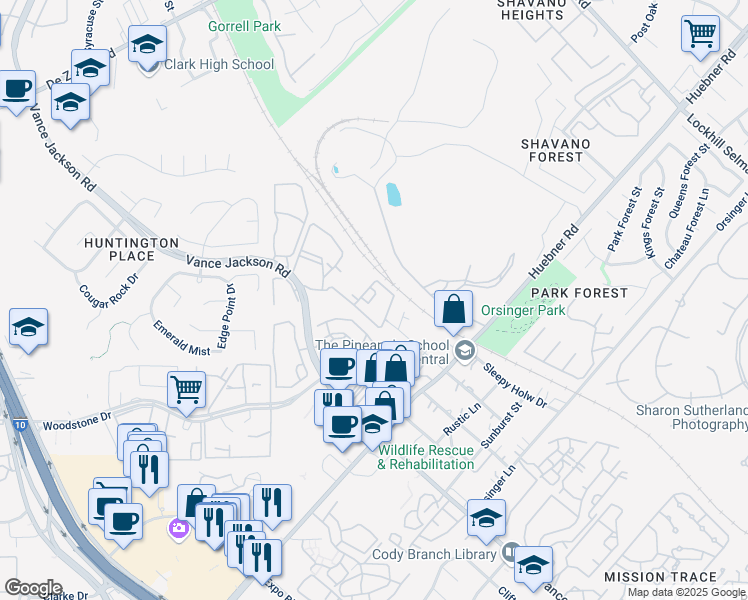 map of restaurants, bars, coffee shops, grocery stores, and more near 12411 Petite Lane in San Antonio