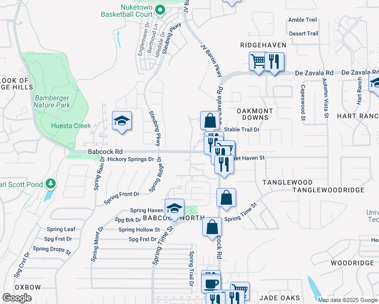 map of restaurants, bars, coffee shops, grocery stores, and more near 6623 Babcock Road in San Antonio