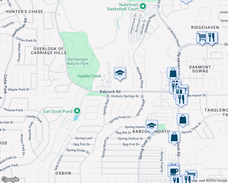 map of restaurants, bars, coffee shops, grocery stores, and more near 6761 Hickory Springs Drive in San Antonio