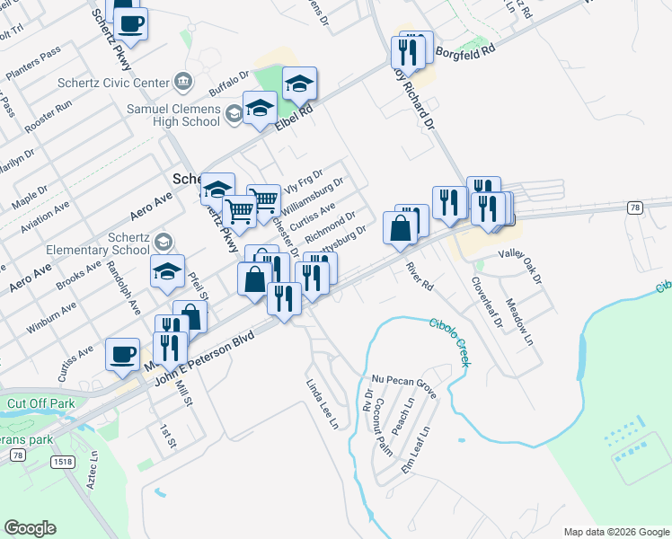 map of restaurants, bars, coffee shops, grocery stores, and more near 935 Beck Street in Schertz