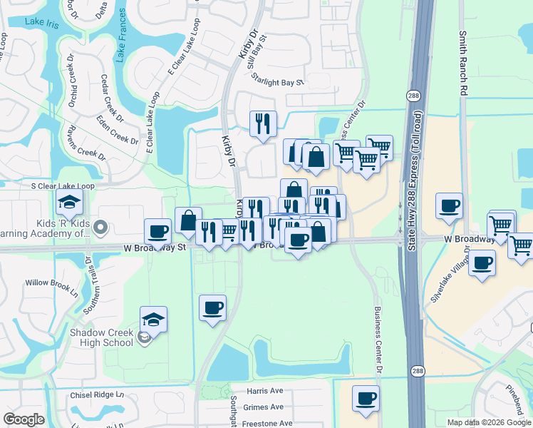 map of restaurants, bars, coffee shops, grocery stores, and more near 11407 Morning Cloud Drive in Pearland