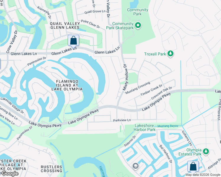 map of restaurants, bars, coffee shops, grocery stores, and more near 4314 Lakeshore Forest Drive in Missouri City