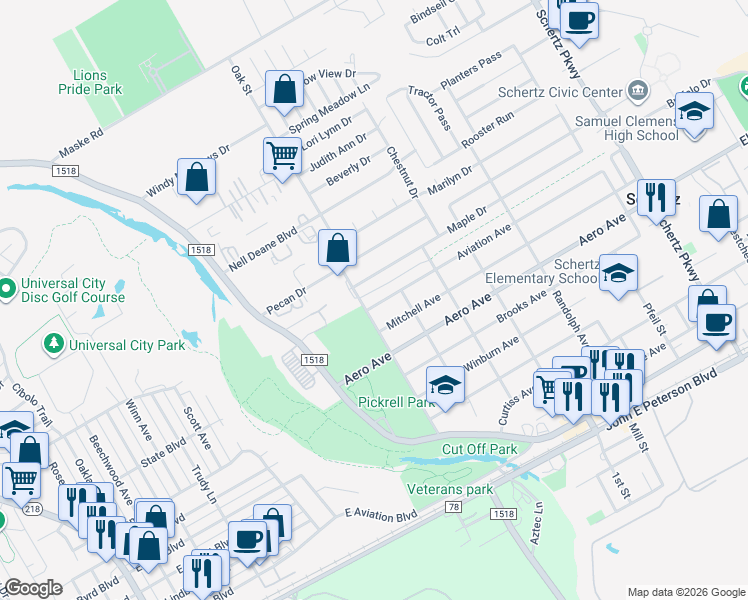 map of restaurants, bars, coffee shops, grocery stores, and more near 202 Maple Drive in Schertz