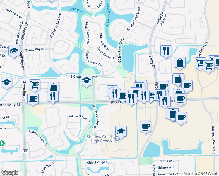 map of restaurants, bars, coffee shops, grocery stores, and more near 2901 Fountain Brook Court in Pearland