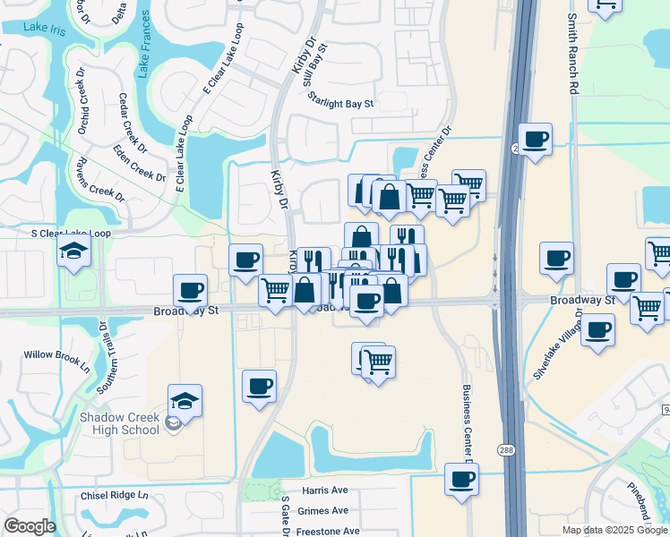 map of restaurants, bars, coffee shops, grocery stores, and more near 2811 Morning Brook Way in Pearland