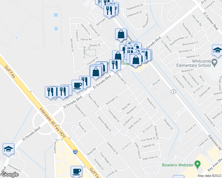 map of restaurants, bars, coffee shops, grocery stores, and more near 260 El Dorado Boulevard in Webster