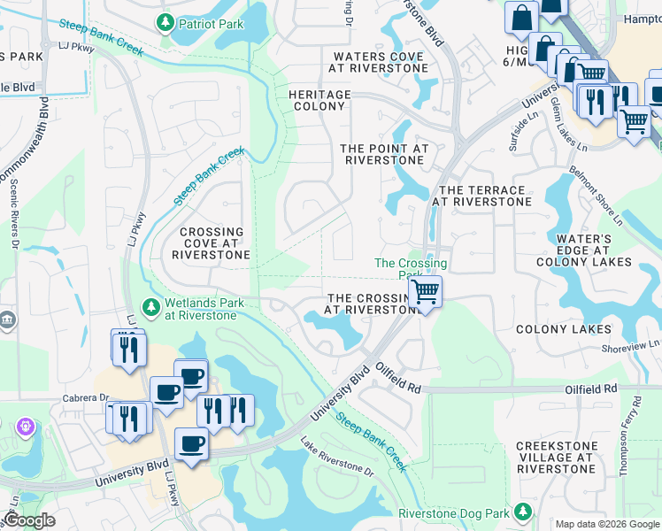 map of restaurants, bars, coffee shops, grocery stores, and more near 5247 Cypress Spring Drive in Missouri City