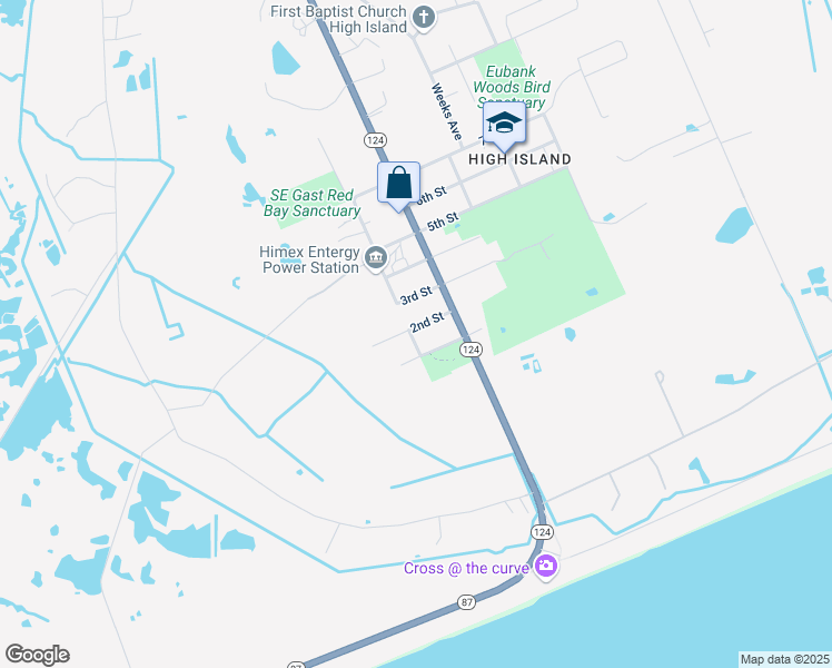 map of restaurants, bars, coffee shops, grocery stores, and more near 1965 2nd Street in Bolivar Peninsula