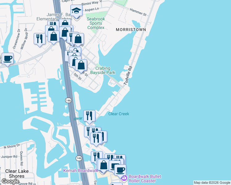 map of restaurants, bars, coffee shops, grocery stores, and more near 1015 Todville Road in Seabrook