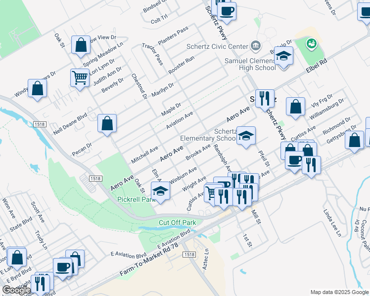 map of restaurants, bars, coffee shops, grocery stores, and more near 412 Aero Avenue in Schertz