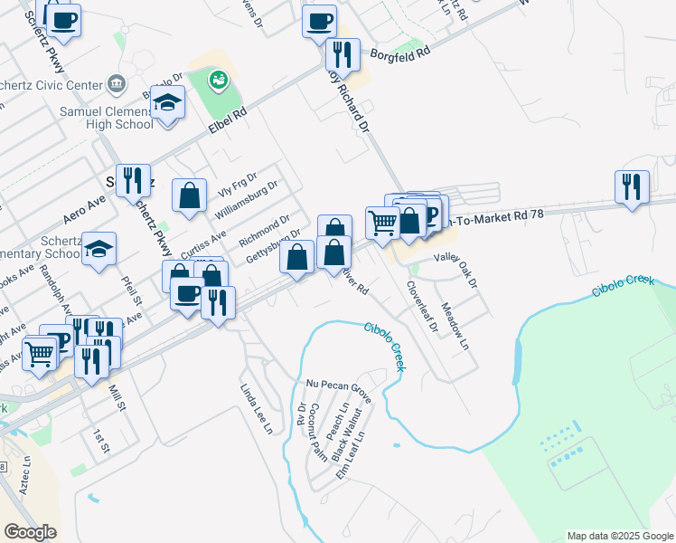 map of restaurants, bars, coffee shops, grocery stores, and more near 1090 Farm to Market Road 78 in Schertz