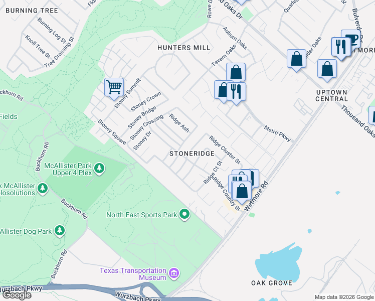 map of restaurants, bars, coffee shops, grocery stores, and more near 12208 Stoney Spur in San Antonio
