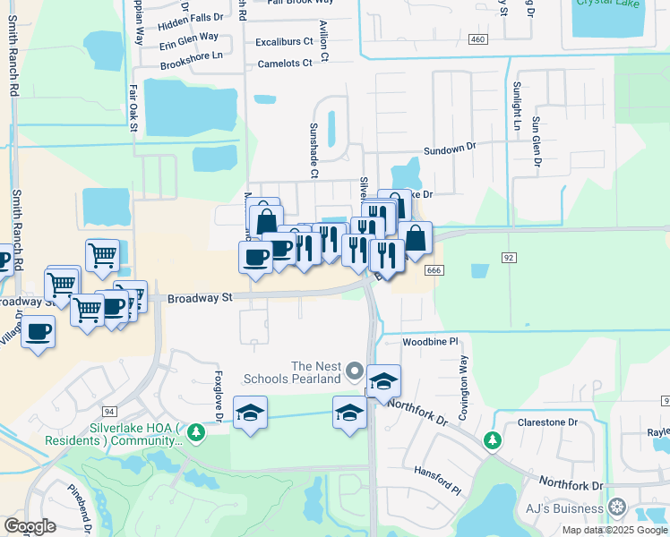 map of restaurants, bars, coffee shops, grocery stores, and more near 9631 Broadway Street in Pearland