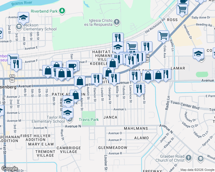 map of restaurants, bars, coffee shops, grocery stores, and more near 3308 Avenue I in Rosenberg