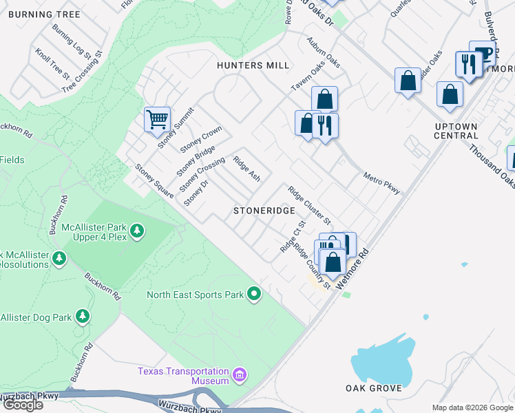 map of restaurants, bars, coffee shops, grocery stores, and more near 12208 Stoney Spur in San Antonio