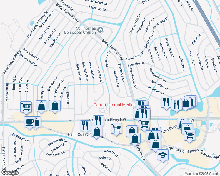 map of restaurants, bars, coffee shops, grocery stores, and more near 46 Braddock Lane in Palm Coast