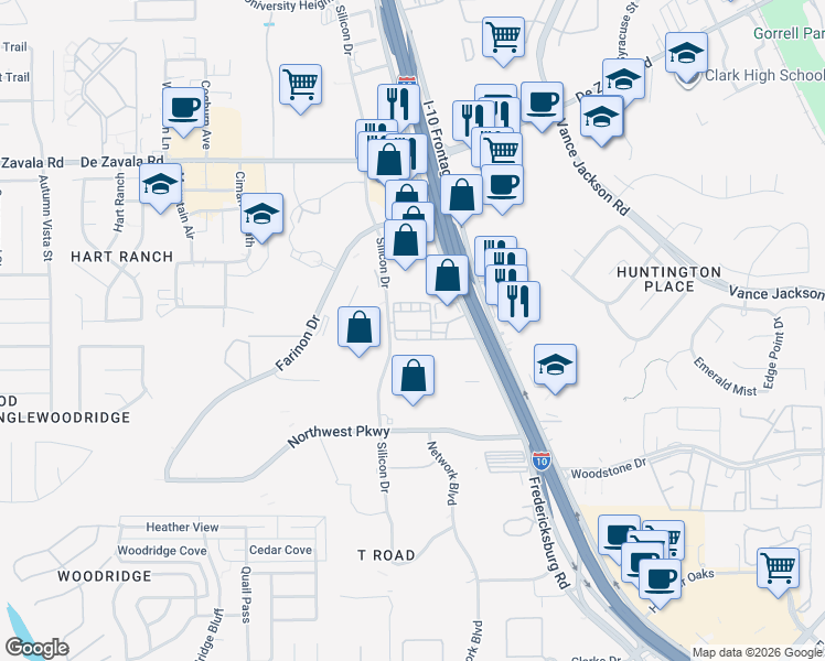 map of restaurants, bars, coffee shops, grocery stores, and more near 12200 Interstate 10 in San Antonio