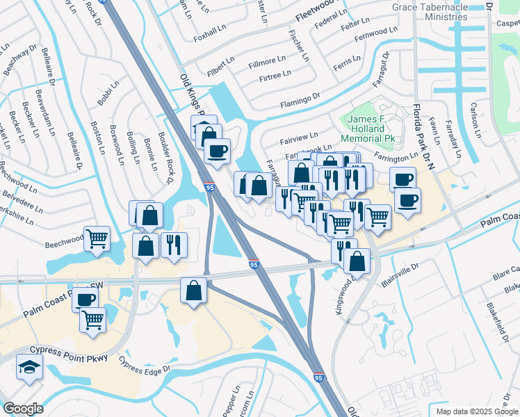 map of restaurants, bars, coffee shops, grocery stores, and more near 15 Old Kings Road North in Palm Coast