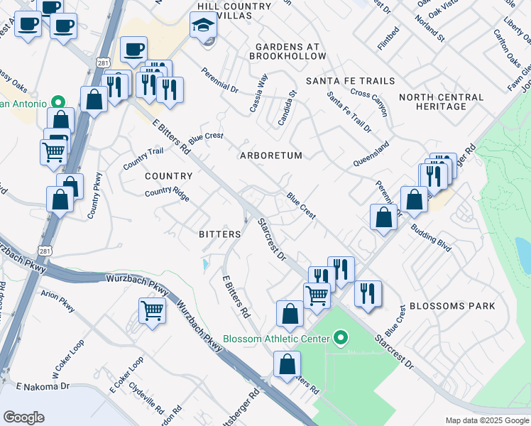 map of restaurants, bars, coffee shops, grocery stores, and more near 7 Starcrest Drive in San Antonio