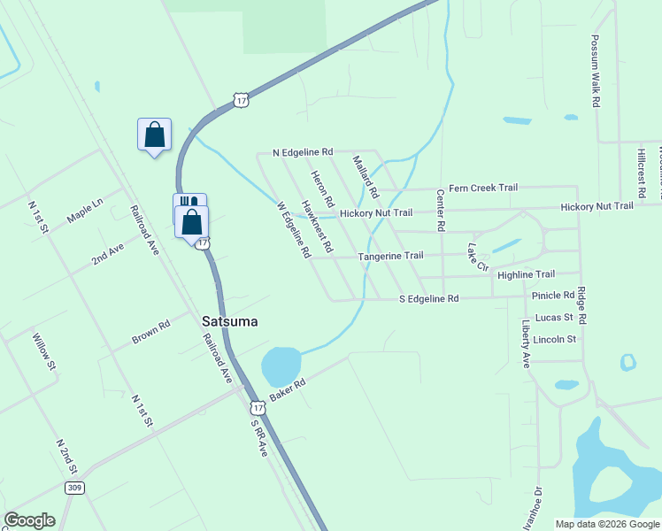 map of restaurants, bars, coffee shops, grocery stores, and more near 303 Hawknest Road in Satsuma