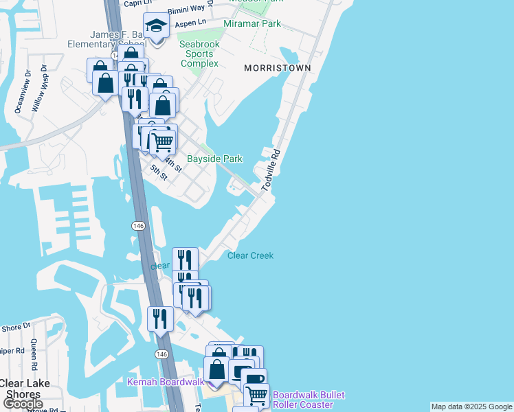 map of restaurants, bars, coffee shops, grocery stores, and more near 1106 Todville Road in Seabrook