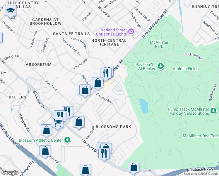 map of restaurants, bars, coffee shops, grocery stores, and more near 12302 Ashley Place in San Antonio