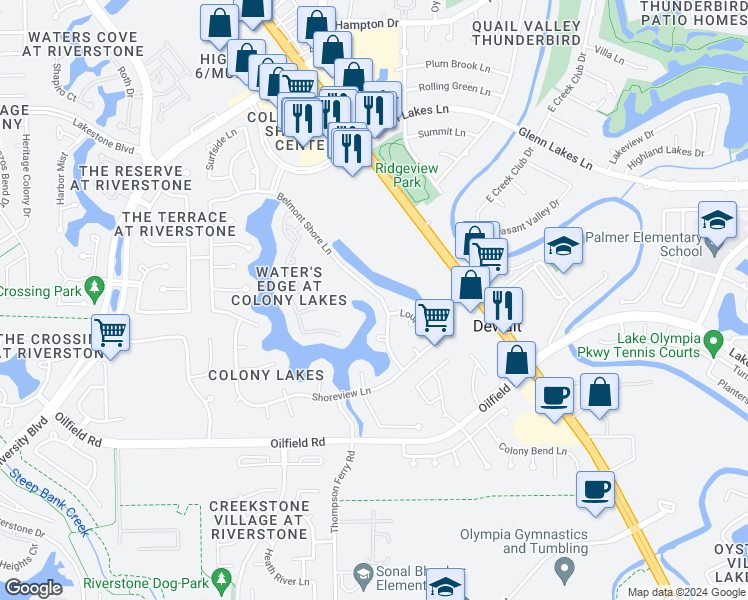 map of restaurants, bars, coffee shops, grocery stores, and more near 3615 Belmont Shore Lane in Missouri City