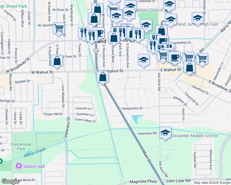 map of restaurants, bars, coffee shops, grocery stores, and more near 3726 Lancer Circle in Pearland
