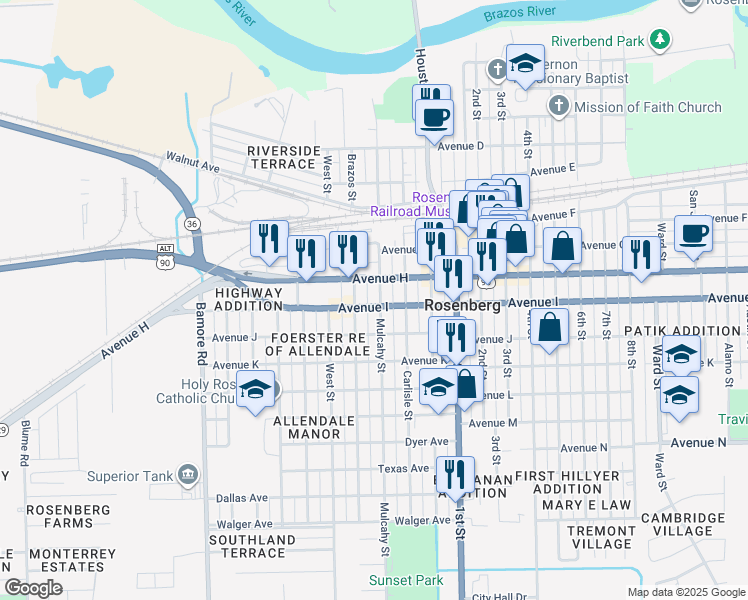 map of restaurants, bars, coffee shops, grocery stores, and more near 1018 Mulcahy Street in Rosenberg