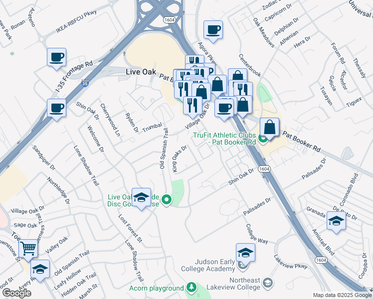 map of restaurants, bars, coffee shops, grocery stores, and more near 12805 Weeping Oak Trail in Live Oak