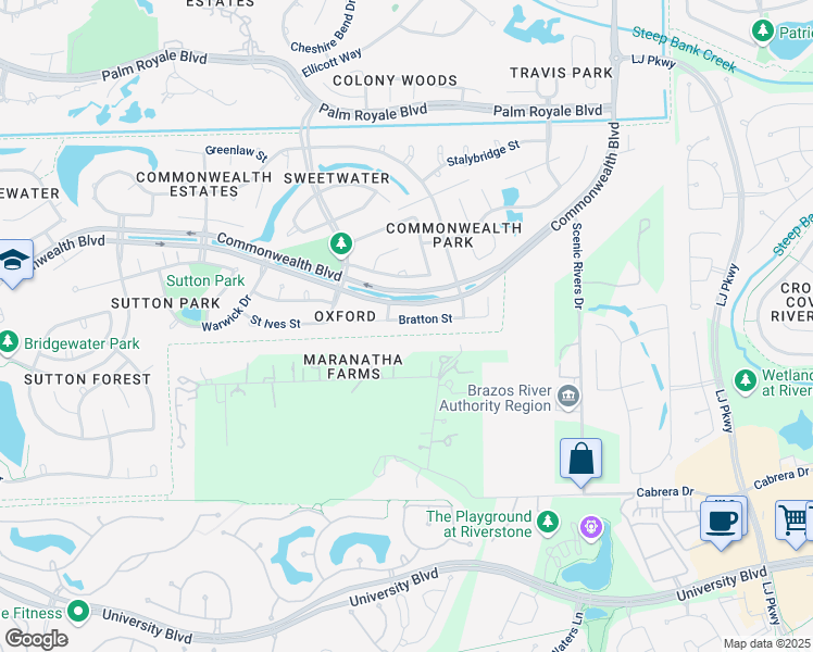 map of restaurants, bars, coffee shops, grocery stores, and more near 3935 Bratton Street in Sugar Land