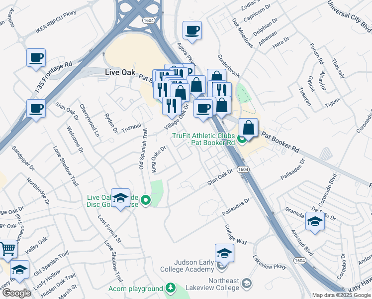 map of restaurants, bars, coffee shops, grocery stores, and more near 130212 Oak Terrace Drive in Live Oak