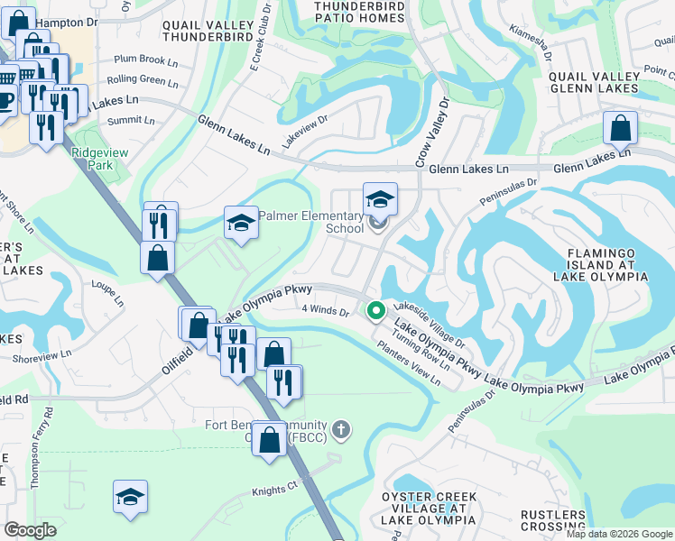 map of restaurants, bars, coffee shops, grocery stores, and more near 4326 Brights Bend in Missouri City