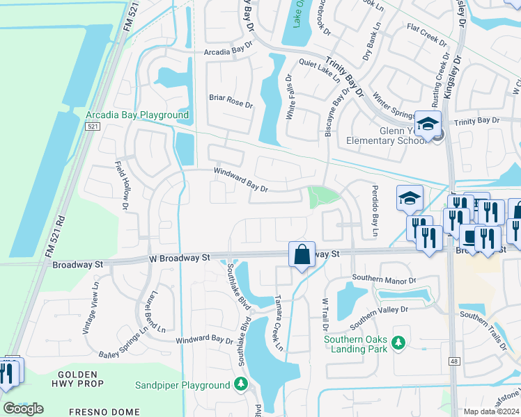 map of restaurants, bars, coffee shops, grocery stores, and more near 13420 Hickory Springs Lane in Pearland
