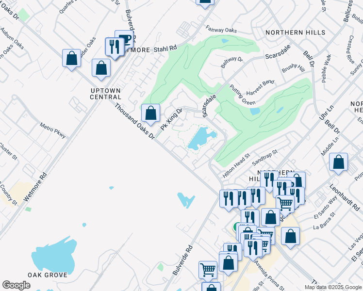 map of restaurants, bars, coffee shops, grocery stores, and more near 4031 Thousand Oaks Drive in San Antonio