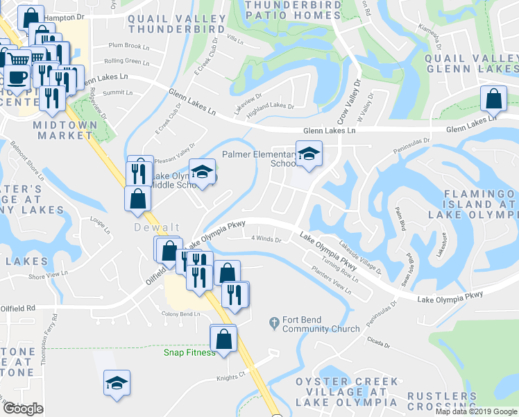 map of restaurants, bars, coffee shops, grocery stores, and more near 4343 Palmer Plantation Drive in Missouri City