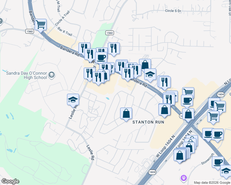 map of restaurants, bars, coffee shops, grocery stores, and more near 12131 Drought Pass in Helotes