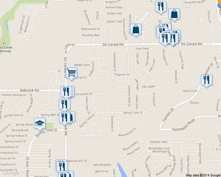 map of restaurants, bars, coffee shops, grocery stores, and more near 12202 Stable Ridge Drive in San Antonio