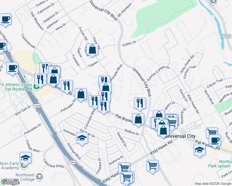 map of restaurants, bars, coffee shops, grocery stores, and more near 8423 Branch Hollow Drive in Universal City