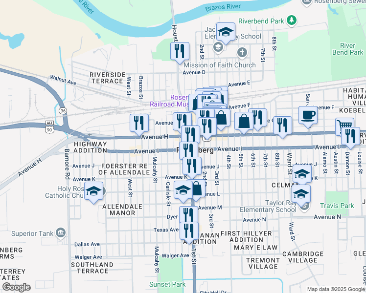map of restaurants, bars, coffee shops, grocery stores, and more near 1701 Avenue I in Rosenberg