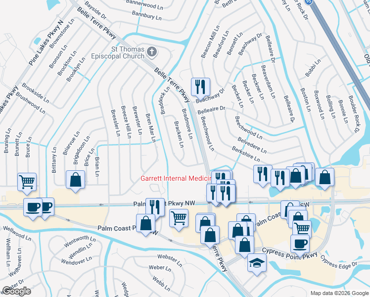 map of restaurants, bars, coffee shops, grocery stores, and more near 14 Bracken Lane in Palm Coast