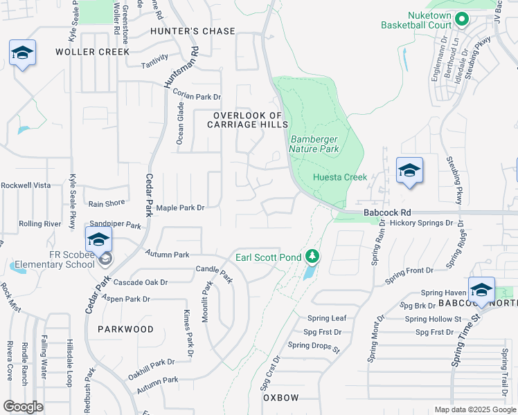 map of restaurants, bars, coffee shops, grocery stores, and more near 7303 Carriage Bend in San Antonio