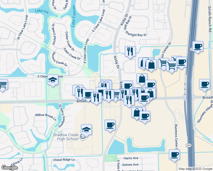map of restaurants, bars, coffee shops, grocery stores, and more near 2907 Broadway Bend Drive in Pearland