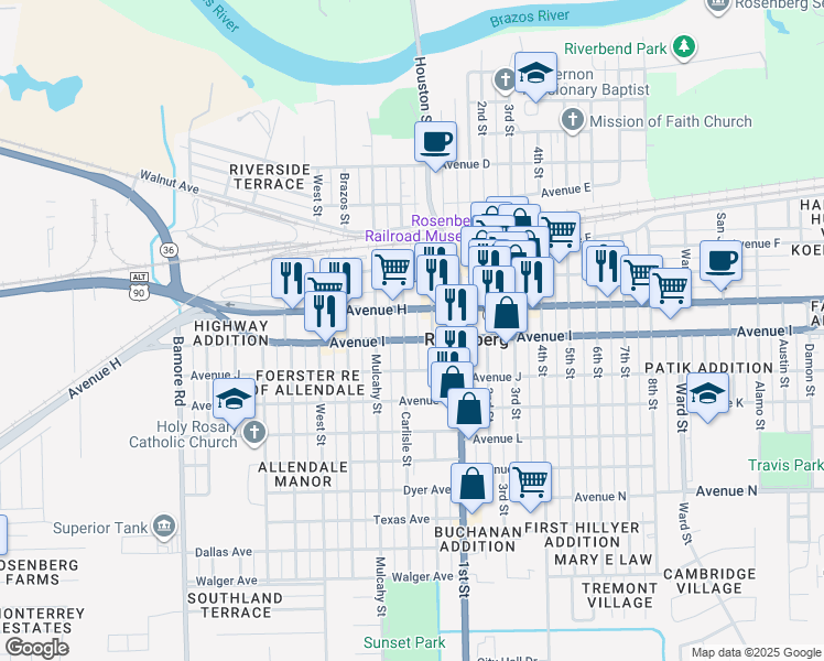 map of restaurants, bars, coffee shops, grocery stores, and more near 1010 Carlisle Street in Rosenberg