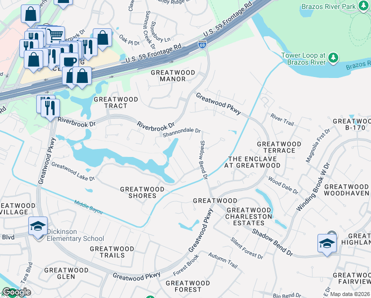 map of restaurants, bars, coffee shops, grocery stores, and more near 7515 Dawn Mist Court in Sugar Land