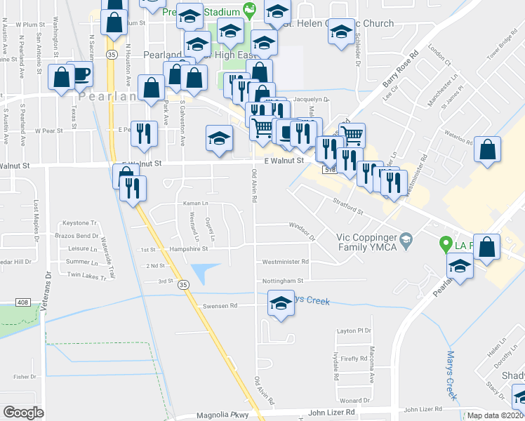 map of restaurants, bars, coffee shops, grocery stores, and more near 2711 Old Alvin Road in Pearland