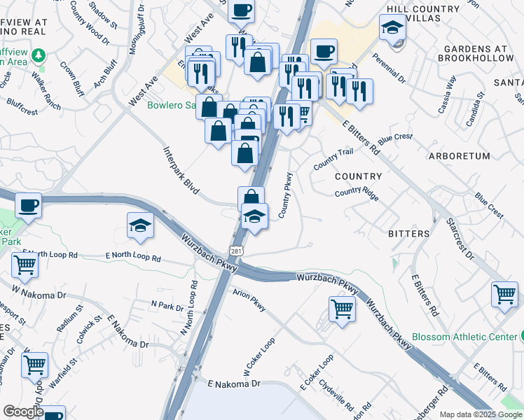 map of restaurants, bars, coffee shops, grocery stores, and more near 12800 San Pedro Avenue in San Antonio