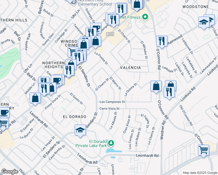 map of restaurants, bars, coffee shops, grocery stores, and more near 12734 El Sonteo Street in San Antonio
